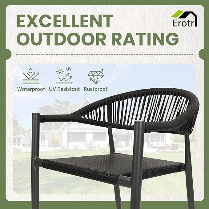 4 Pcs Stackable Patio Dining Chairs, Aluminum Rattan Outdoor Dining Chair with Arms, Woven Rope Garden Armchair Metal No Assembly for Bistro Balcony Porch Deck Yard Cafe Restaurant, Black
