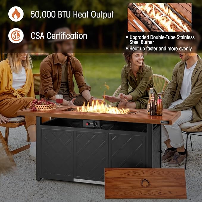 ORALNER Propane Fire Pit Table, 57” Rectangular Outdoor Fire Table 50,000 BTU Fire Pit w/Lid & Lava Rocks Auto Ignition Metal Patio Fireplace, Gas Firepit Table for Outside Yard Balcony Deck, Brown