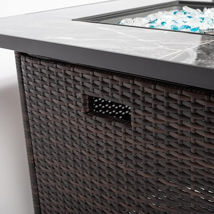 30" Propane Gas Fire Pit Table, 50000 BTU Square Fire Pit with Lid & Glass, Tile Tabletop with Beautiful Wicker Base for Outside Patio Deck Garden Courtyard