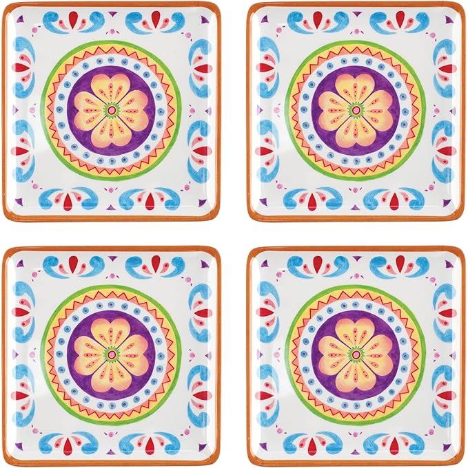 UP UPware Cinco de Mayo Melamine Square Dessert Plates, Small Serving Plates, Cinco de Mayo Decorations, for Appetizer, Snacks, and Side Dishes, Multicolor, 5.88 Inch, Set of 4