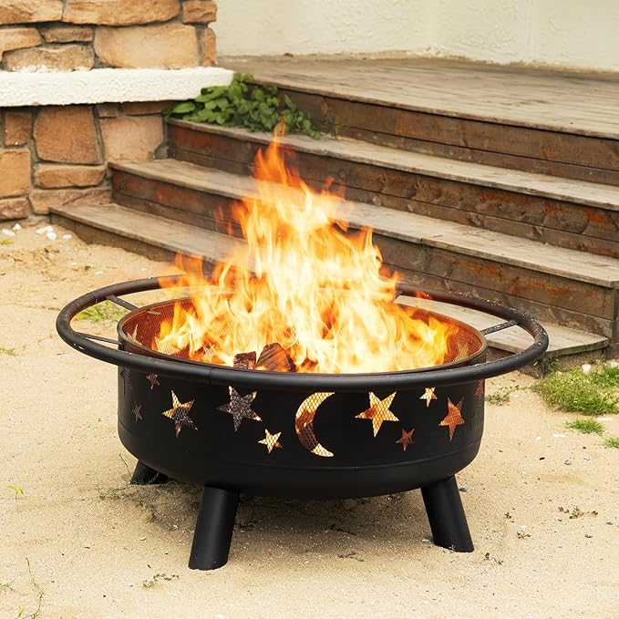 32 Inch Round Fire Pit with Mesh Cover, Fire Poker, Star and Moon Design, Metal Wood Burning Outdoor Firepit for Patio, Backyard, Garden, Bonfire Party,Perfect for Christmas, Thanksgiving, Halloween