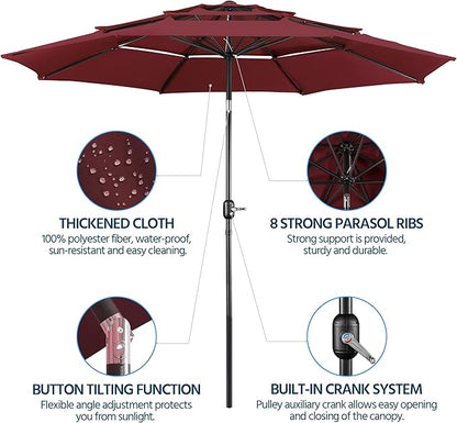 Yaheetech 3 Tier Patio Umbrella 10ft Vented Outdoor Large Market Table Umbrella with 8 Sturdy Ribs & 1.5" Umbrellla Pole, Double-layer Cloth & Push-button Tilting & Crank for Pool/Garden/Lawn Burgundy