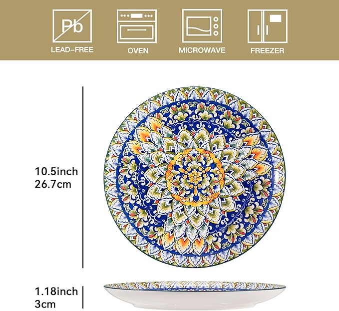 Sweejar Dinner Plates 10.5 Inch,Ceramic Large Plates Set of 6,Bohemian Style Colorful Plate Dishwasher and Microwave Safe Round Porcelain Dessert Plates for Kitchen