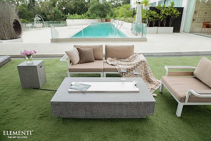 Elementi | Bundle Hampton Gas Fire Pit Cast Concrete 56" Rectangular Fire Table, Outdoor Fire Pit Electronic Ignition | Canvas Cover, Lava Rock Included | Light Gray (Natural Gas)