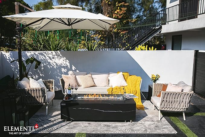 Elementi+ | Bundle Varna Gas Fire Pit | Marble Porcelain & Metal Frame | 60" Rectangular Fire Table | Electronic Ignition | Canvas Cover, Fire Glass & Burner Lid Included | Black | Propane Gas