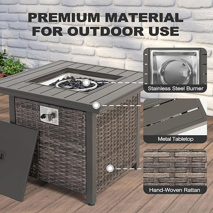 Nuu Garden Propane Fire Pit Table, CSA Certified 30 Inch 50,000 BTU Outdoor Propane Gas Cabinet Square Fire Pit Table, Iron Tabletop, Rattan and Iron Frame, with Lid and Fire Glass Beads, Black