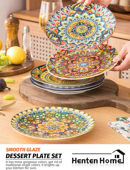 Henten Home Ceramic Dessert Plates Set of 6, 8.5 Inch Porcelain Salad Plate, Colorful Bohemian Style Serving Dishes for Cake, Snack, Appetizer, Decorations, Dishwasher & Microwave Safe