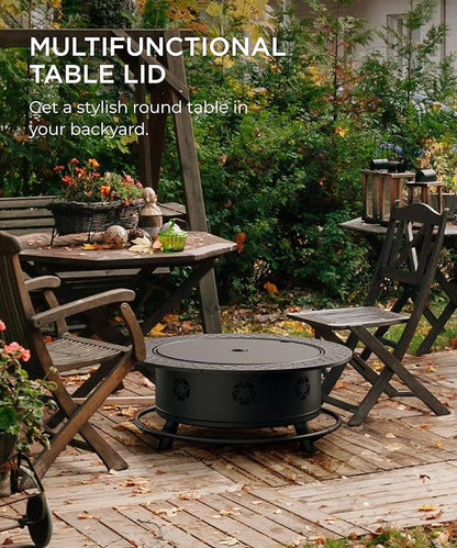 35 Inch Fire Pit with BBQ Grill, Wood Burning Fire Pits for Outside with Lid & Fire Poker, 3 in 1 Round Metal Fire Pit Table with Cooking Grate, Outdoor Firepit for Backyard, Patio, Bonfire, Picnic