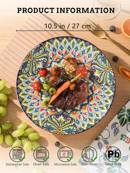 Henten Home Dinner Plates Set of 6, 10.5 Inch Porcelain Plate, Colorful Bohemian Serving Dishes for Kitchen, Pasta, Salad, Decorative, Microwave & Dishwasher Safe
