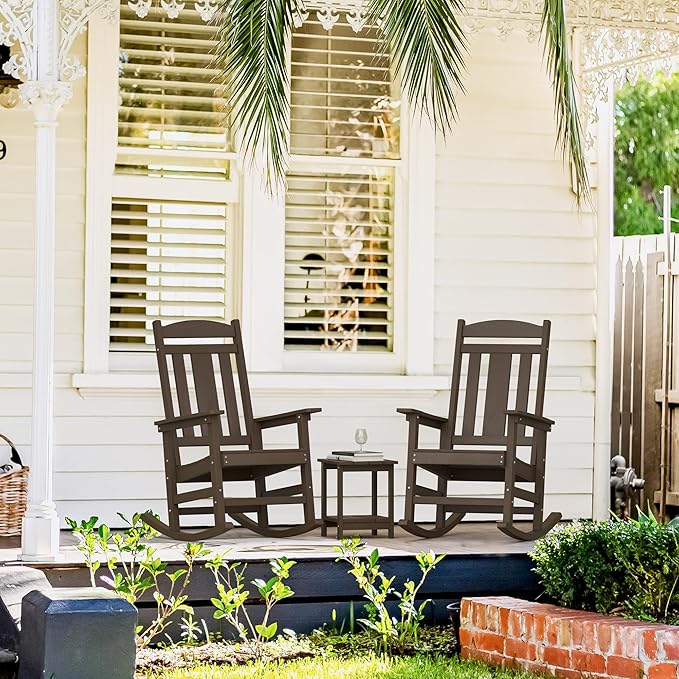LUE BONA Outdoor Rocking Chairs Set of 2, Weather Resistant HDPS Poly Rocker Chairs, 350lb Heavy Duty, Oversized Porch Rocker for Adult, High Back Smooth Rocking Chair for Outdoor & Indoor, Brown