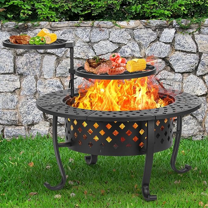 Panovue 36 Inch Fire Pit with 2 BBQ Grills, Wood Burning Fire Pits for Outside with Lid & Fire Poker, BBQ& Outdoor Firepit & Round Metal Table 3 in 1 for Patio, Picnic, Party