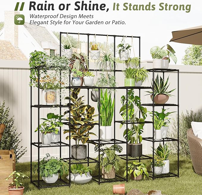 Metal Plant Stand Outdoor 63" Tall Plant Shelf for Plants 14-Tier Large Plant Sheves for Indoor Plants Living Room Heavy Duty Rack Garden Balcony Patio Hanging Planter
