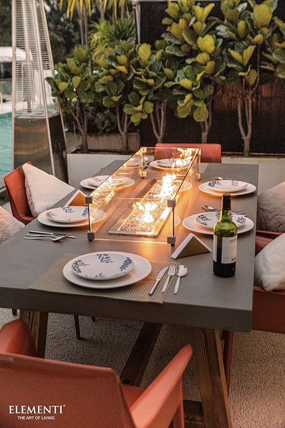 Elementi | Sonoma Gas Fire Pit Cast Concrete Rectangular Dining Fire Table, Outdoor Fire Pit Electronic Ignition | Canvas Cover, Lava Rock Included | Natural Gas