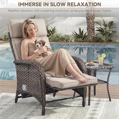 Zero Gravity Wicker Patio Recliner Chair - Wicker Outdoor Lounge Chair with Adjustable Backrest & Footrest, All Weather Outdoor Reclining Chairs with Thick Cushion for Pool Deck Beige