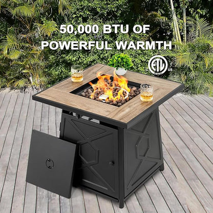 Nuu Garden 28 Inch Outdoor Propane Fire Pit Table, 50,000 BTU Square Gas Fire Table with Ceramic Tabletop, Lid, Cover, Lava Rock for Garden Backyard Party, Black