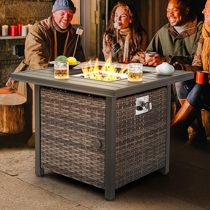 Nuu Garden Propane Fire Pit Table, CSA Certified 30 Inch 50,000 BTU Outdoor Propane Gas Cabinet Square Fire Pit Table, Iron Tabletop, Rattan and Iron Frame, with Lid and Fire Glass Beads, Black