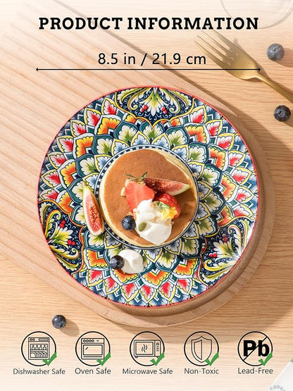 Henten Home Ceramic Dessert Plates Set of 6, 8.5 Inch Porcelain Salad Plate, Colorful Bohemian Style Serving Dishes for Cake, Snack, Appetizer, Decorations, Dishwasher & Microwave Safe