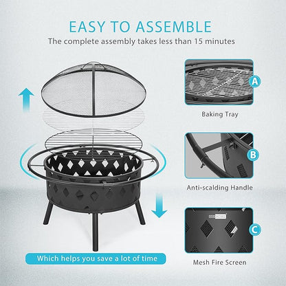 VIVOHOME 2 in 1 Outdoor Fire Pit - 36 Inch Large Bonfire Wood Burning Outside Firepit for Patio and Backyard with Spark Screen, Round Grill Grid, Poker and Fireplace Cover