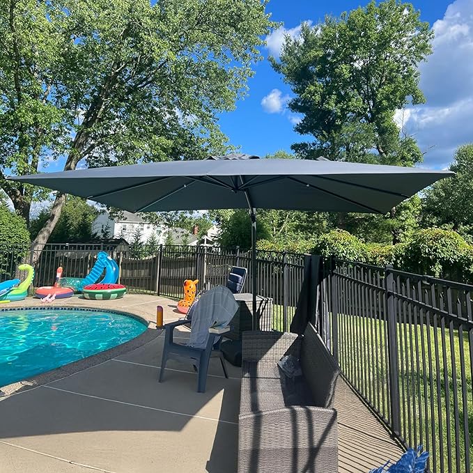 PURPLE LEAF 9' X 11.5' Patio Umbrella with Base Rectangle Cantilever Umbrella Outdoor Offset Umbrella with 360-degree Rotation for Garden Deck Pool Patio Light Grey