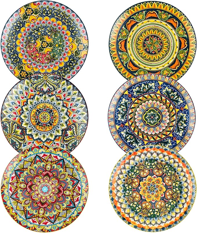 Henten Home Dinner Plates Set of 6, 10.5 Inch Porcelain Plate, Colorful Bohemian Serving Dishes for Kitchen, Pasta, Salad, Decorative, Microwave & Dishwasher Safe