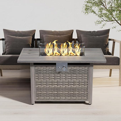 43" Rectangular Propane Fire Pit for Outside Patio 2 in 1, 50,000 BTU Fireplaces with Lid, Glass Rocks, Cover