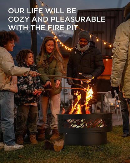 32" Fire Pits with Cooking Grill, Fire Pit Table with Lid & Fire Poker, Round Wood Burning Firepit for Outside, Multifunctional Outdoor Fire pits for BBQ, Table, Picnic, Camping, Bonfire Party