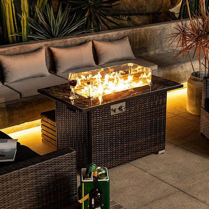 44" Propane Gas Fire Pit Table, 50000 BTU Rectangular W/Glass Wind Guard Fire Pit, Tile Tabletop with Beautiful Wicker Base for Outside Patio Deck Garden Courtyard