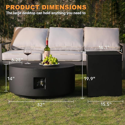 3-Piece Outdoor Fire Pit Table, 32 Inch Propane Fire Table 65,000 BTU Black Round Gas Firepit, Baking Sheet, Wind Guard and 16 inches Tank Side Table for Deck, Backyard and Pool, Black