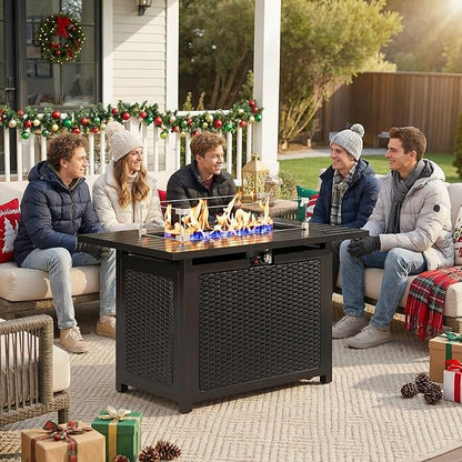 FansaFurn Black Propane Fire Pit Table, 50000 BTU Gas Fire Pits Table with Removable Lid and Lava Rock, Rectangular Fire Table with Cover, Ideal for Dining or Party on Patio, 43'', Garden, Yard