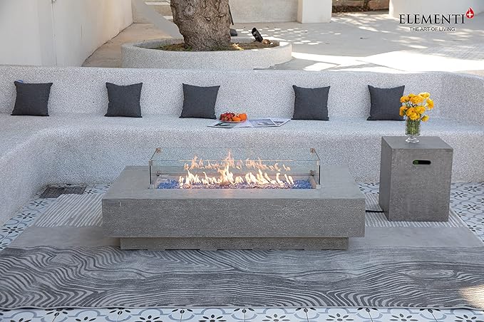Elementi+ | Riviera Gas Fire Pit Cast Concrete 60" Rectangular Fire Table, Outdoor Fire Pit Electronic Ignition | Canvas Cover, Fire Glass and Burner Lid Included | Light Gray | Propane Gas