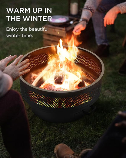 32" Fire Pits with Cooking Grill, Outdoor Fire Pit with Lid & Fire Poker, Fire Pit Table for Outside Wood Burning Firepit Round Heavy Duty Firepit for BBQ, Table, Picnic, Camping, Bonfire Party