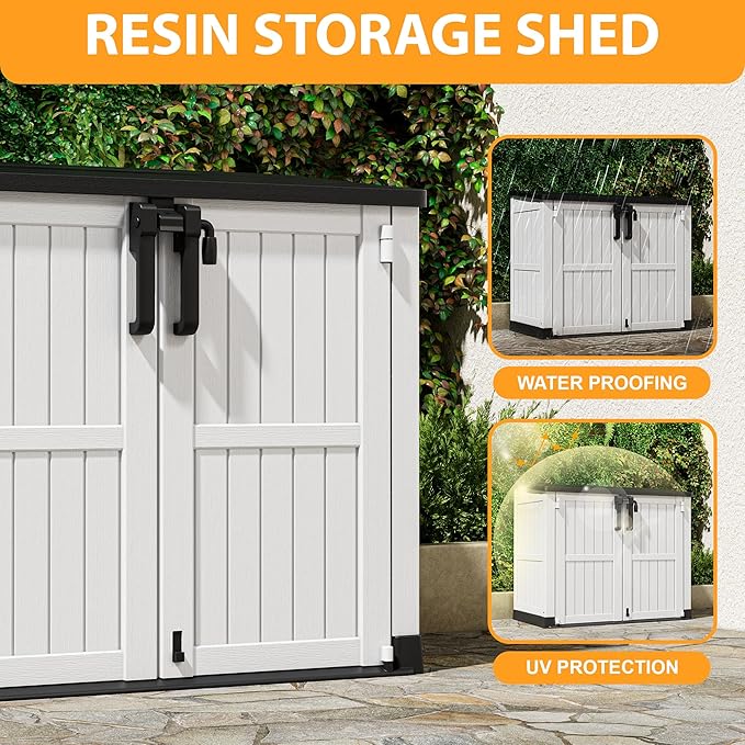 LHBcraft Outdoor Storage Cabinet 36 Cu Ft with Lockable Doors, Portable Horizontal Resin Storage Shed - Easy to Assemble, Waterproof Small Storage Shed with Floor
