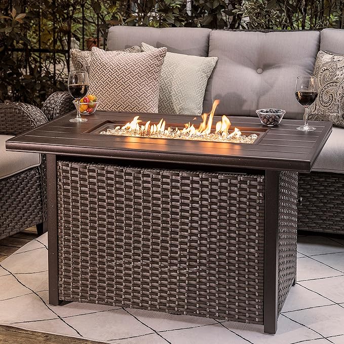 Nuu Garden Outdoor 43 Inch 50,000 BTU Propane Gas Fire Pit Table, Aluminum Tabletop and PE Rattan Weaved Steel Frame, Water-Proof Oxford Cover, Glass Beads, Lid, Dark Brown
